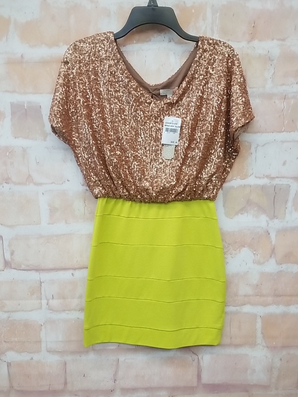 GB Sequin Rose Gold Top with Lime Green Skirt Dress